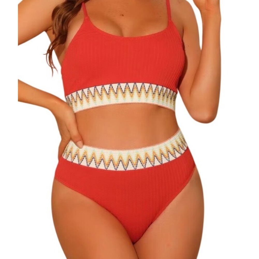 SEAMOLY Red Boho Rainbow Trim Bikini‎ Set High Waisted XS Beach Pool Gym Cruise - Picture 10 of 12